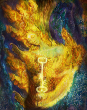 Golden Fire Fairy Guardian In Forest, Colorful Painting