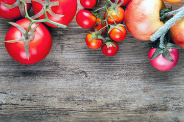 Fresh ripe tomatoes on wooden board background, copy space