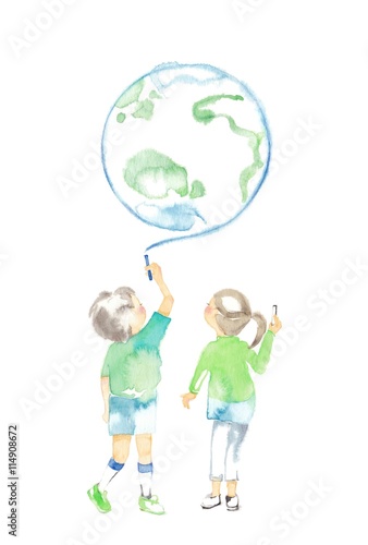 チョークと子ども2人 地球 Stock イラスト Adobe Stock