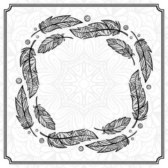 Wall Mural - vector round zendoodle feathers frame