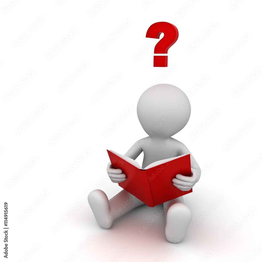 3d man sitting and reading a book with red question mark isolated over ...