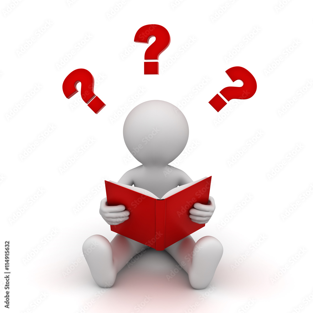 3d man sitting and reading a red book with question marks isolated over ...
