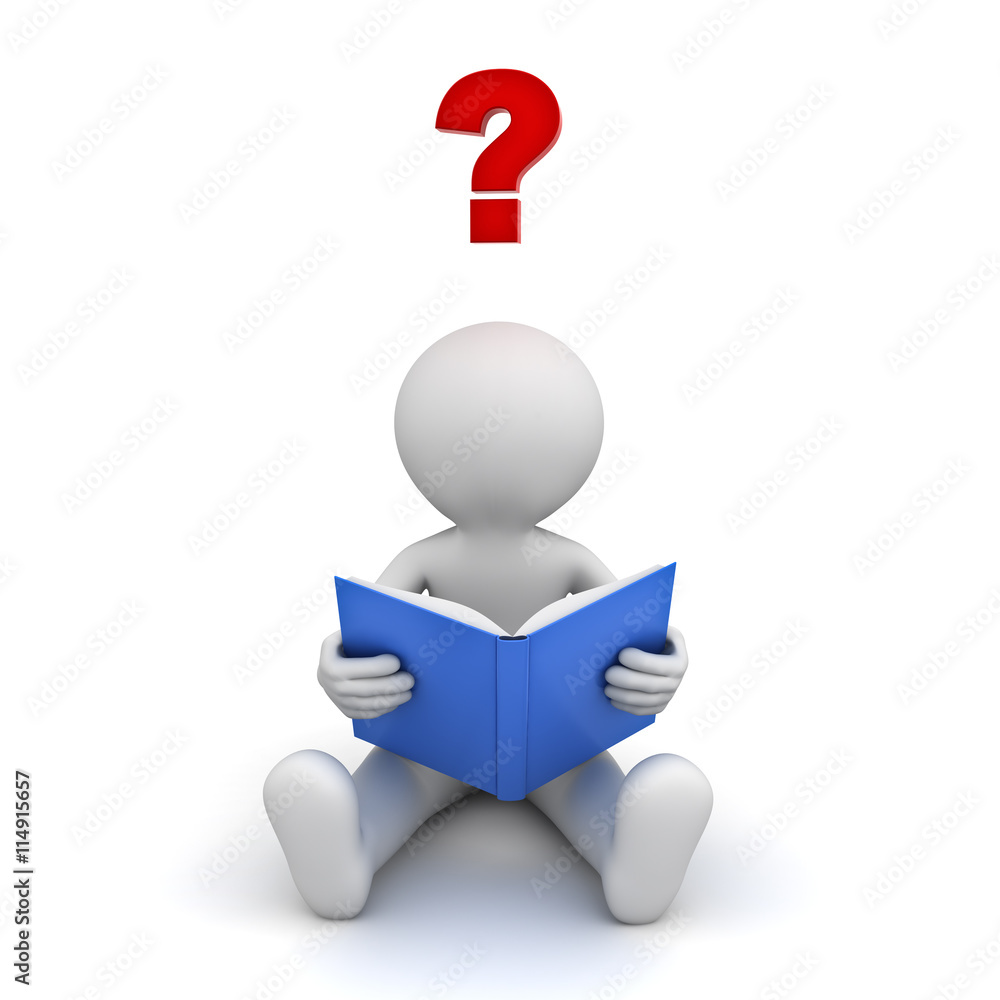 3d man sitting and reading a book with red question mark isolated over ...