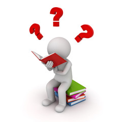 Poster - 3d man sitting on a pile of books and reading with red question marks isolated over white background 3D rendering