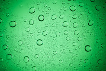 Raindrops On Green Glass, Water Droplets On Green Glass For A Ba