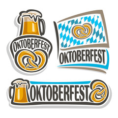 Wall Mural - Vector logo for oktoberfest, 3 isolated illustrations, pint beer mug with lager and pretzel on white background. Bavarian Oktoberfest flag white and blue rhombus, beer mug alcohol drink with pretzel