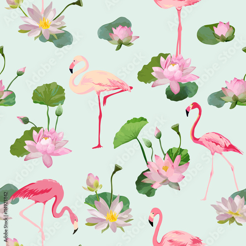 Foto Flamingo Bird and Waterlily Flowers Background