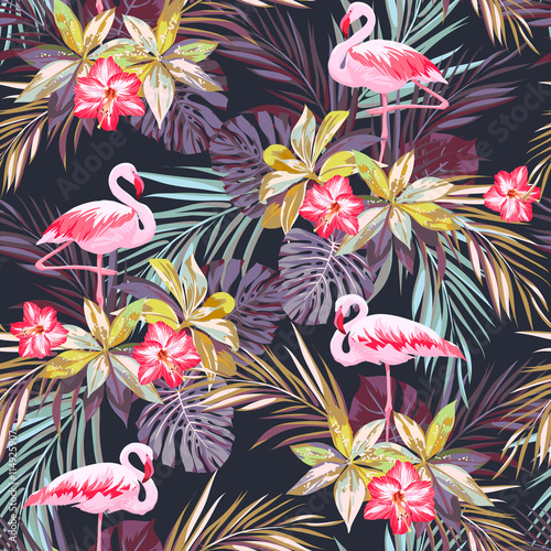Tapeta ścienna Tropikalny lato wzór z ptaków flamingo i egzotycznych roślin