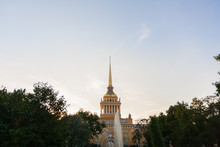 Tall Golden Spire Of The Admiralty In The Green Of The Trees.