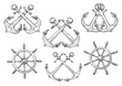 Sailing ships helms and crossed anchors sketches