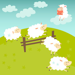 Сounting sheep. Cartoon happy sheep for baby. Cartoon character sheep on meadow. Sweet dreams. Jumping sheep, insomnia. Vector illustration