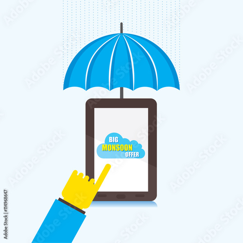 Online Big Monsoon Offer Banner Design Using Touch Tablet Vector