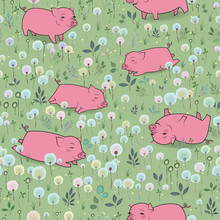 Pigs On The Blossoming Field. Seamless Pattern