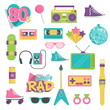 Collection of vintage retro 1980s style items that symbolize the 80s decade fashion accessories, style attributes, leisure items and innovations.