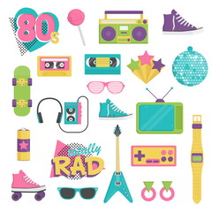 collection of vintage retro 1980s style items that symbolize the 80s decade fashion accessories, sty
