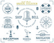Vintage nautical stamps set. Old ship retro style. Sailing labels, emblems illustration. Nautical graphic symbols - rope, wind rose, lighthouse. Vector nautical sketch design. Adventure lifestyle