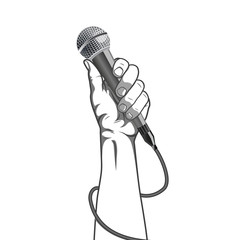 hand holding a microphone in a fist vector illustration