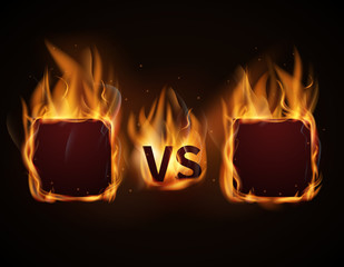 Poster - Versus screen with fire frames and vs letters. Flaming VS screen for duel and confrontation. Vector illustration