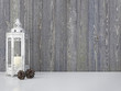Vintage interior with candle lantern and pine cones on empty wall background. 3D rendering.