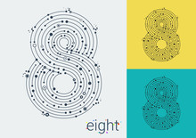 Vector Number Eight On A Bright And Colorful Background.
Mathematical Symbols In Techno Style, Created By Interplay Of Lines And Points. Template Can Be Used For Posters, Banners, Presentations.
