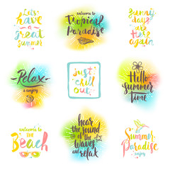 Wall Mural - Set of summer holidays and tropical vacation handwritten calligraphy greetings. Vector illustration.