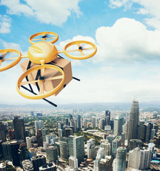 Wall Mural - photo yellow generic design remote control air drone flying sky empty craft box under urban surface.