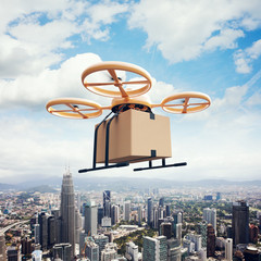 Wall Mural - photo yellow generic design remote control air drone flying sky empty craft box under urban surface.