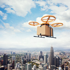 Wall Mural - photo yellow generic design remote control air drone flying sky empty craft box under urban surface.