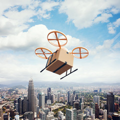 Wall Mural - photo yellow generic design remote control air drone flying sky empty craft box under urban surface.