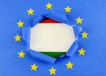 The Red, White And Green Flag Of Hungary Is Behind The Torn Open Center Of The Blue Flag Of The European Union With Gold Stars. The EU Flag Is Highly Textured Construction Paper.