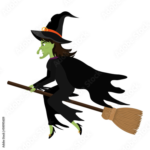 Fotografie, Obraz Witch flying with broomstick cartoon silhouette, vector illustration