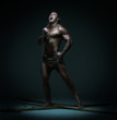 © kazanovskyiphoto - Screaming naked muscular man, hands tied rope to wooden beams