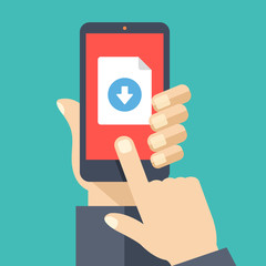 Wall Mural - file download button on smartphone screen. hand holds smartphone, finger touches button. downloading