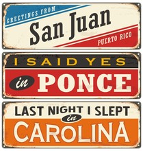 Retro Vector Illustration With Puerto Rico Cities Tin Signs.