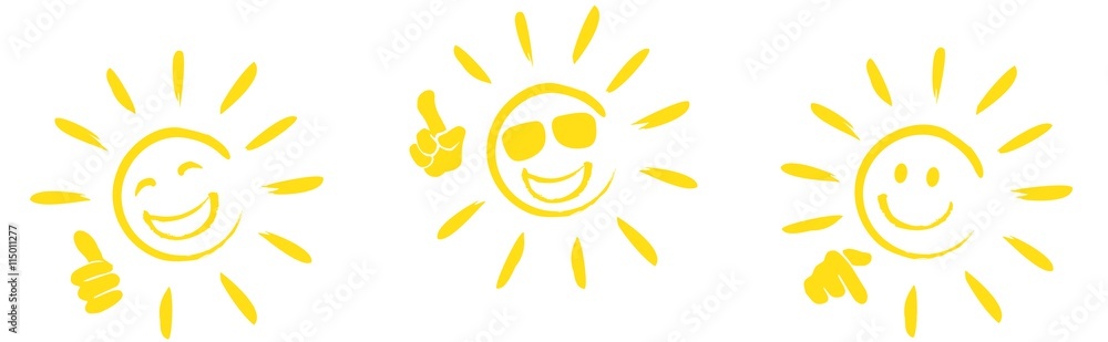 set of happy sun icons with different hand signals - obrazy, fototapety, plakaty 