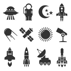 Sticker - space and astronomy vector icons. rockets and satellites, planets and astronaut vector signs
