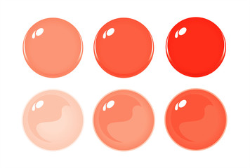 Illustration of icon bottons isolated on white. Set of Orange color labels, 6 bottons. Graduation color. Glass balls. Vector 