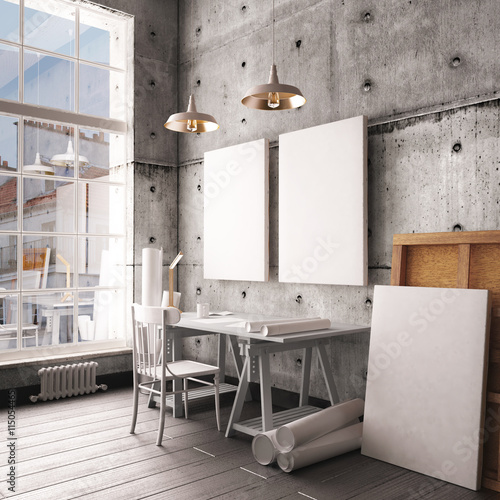 Download Desk In Hipster Style Loft Mockup Interior With Posters 3d Buy This Stock Illustration And Explore Similar Illustrations At Adobe Stock Adobe Stock PSD Mockup Templates