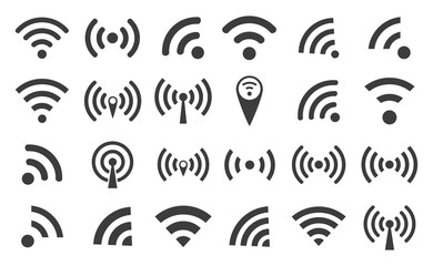 Wall Mural - WI-FI set icons silhouettes and wireless connection airwaves isolated on a white background, vector illustration for web design EPS10