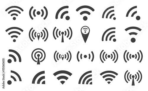 Fotomural WI-FI set icons silhouettes and wireless connection airwaves isolated on a white