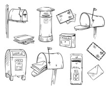 Mailboxes And Letters, Vector Sketch