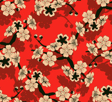 A Japanese Style Seamless Tile With A Cherry Tree Branch And Flowers Pattern In Black, Red And Ivory