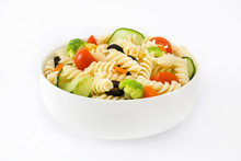 Pasta Salad In A Bowl Isolated On White Background

