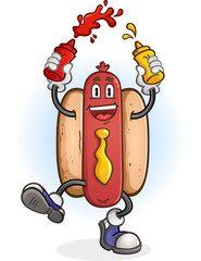 Wall Mural - Hot Dog Cartoon Character Squirting Condiments and Dancing