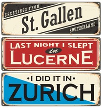 Retro Rusty Tin Sign Collection With Switzerland City Names On Old Damaged Texture