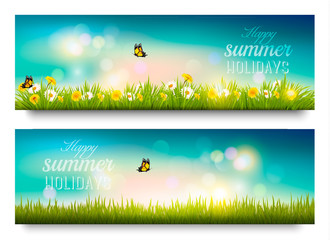 Poster - Happy summer holidays banner with flowers, grass and butterflies