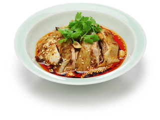saliva chicken, mouthwatering chicken, poached chicken with chili oil sauce, china sichuan cuisine