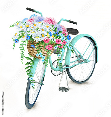 Fototapeta Watercolor hand drawn turquoise bicycle with beautiful flower basket Illustration isolated on white background