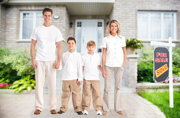 Poster - Happy family near new house.