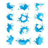 Water splashes collection vector set. Pour drop spa symbol water splash cartoon vector motion blue splashing. Transparent purity drop nature abstract water splash. Freshness bubble wash.